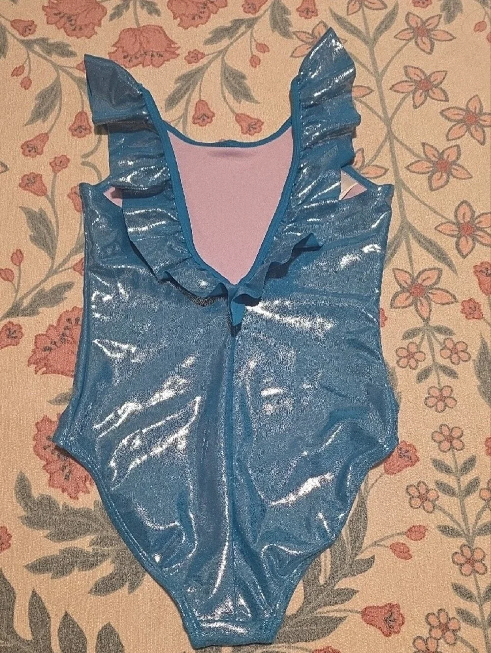Shimmery Light Blue Girls One-Piece Swimwear with Ruffle Straps